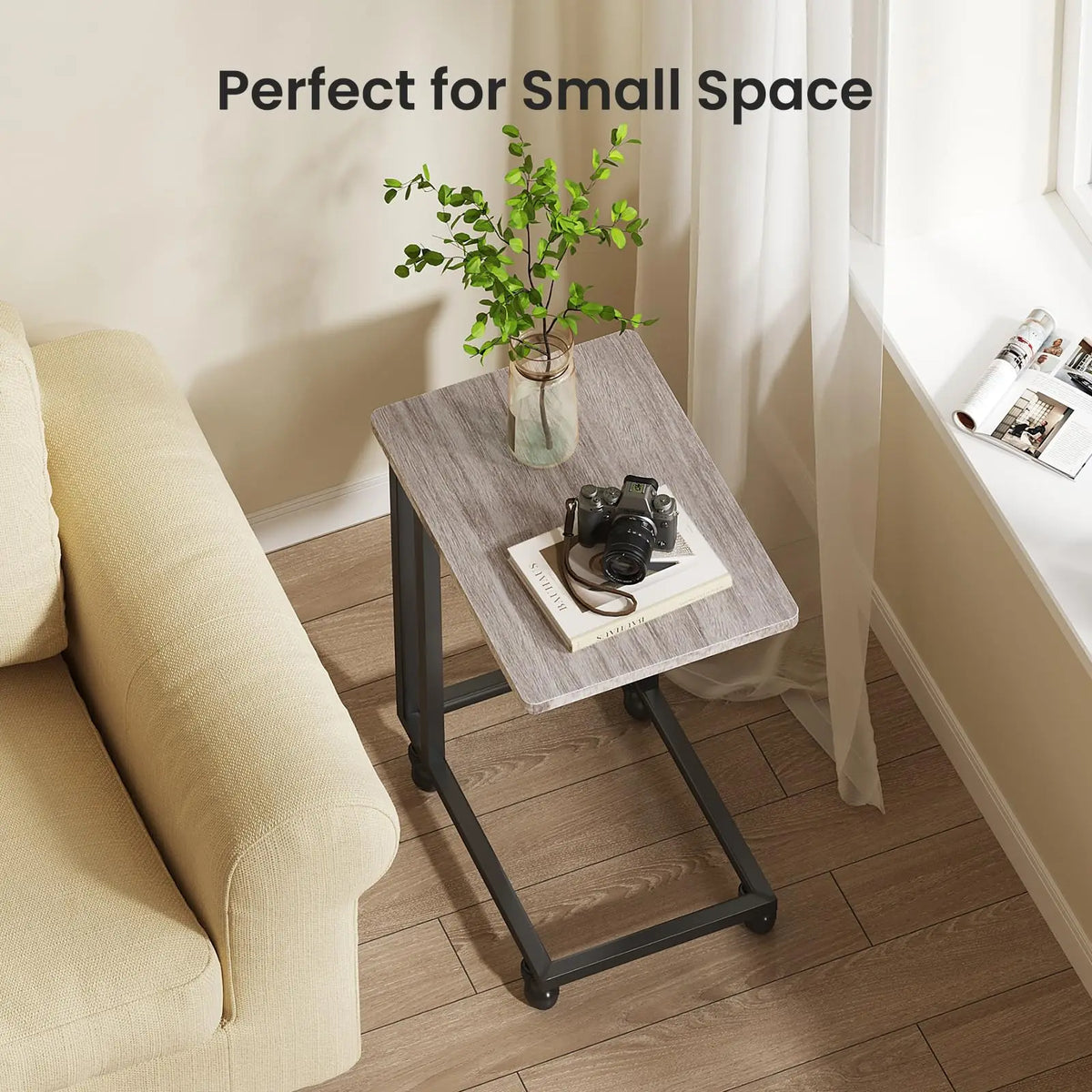 JHK Wood Sofa Table Overbed Bedside Desk Portable Rolling with Wheels Metal Frame Adjustable Feet  for Living Room Bedroom