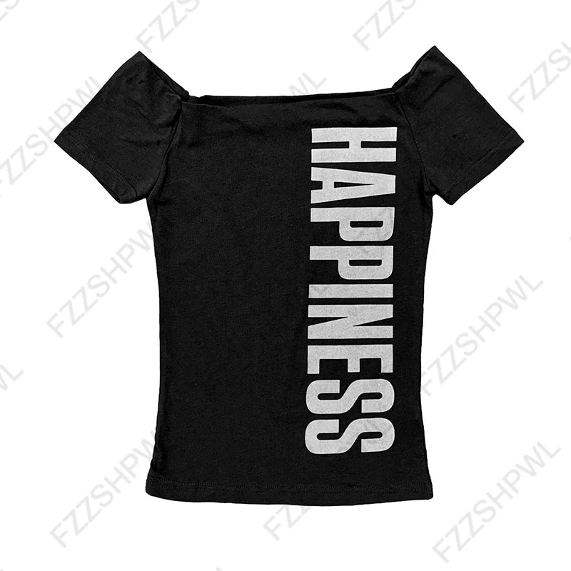 Gothic Punk Aesthetic Women's Y2K Crop Top Sexy Slim Chic Boat Neck Short Sleeve Print T-shirt Rock Hip Hop Emo Girls Streetwear