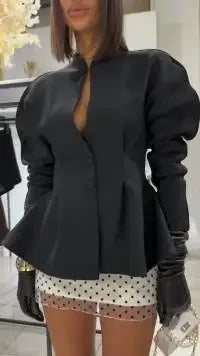 Elegant Waist Cinching Short Pleated Jackets Women Chic Stand Collar Double Buttons A-line Coat 2026 Spring Lady Commute Jacket