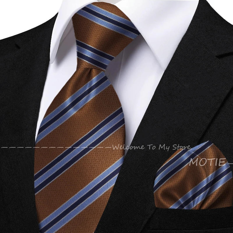 New Classic Striped Jacquard Tie Set Include Purple Polyester Pocket Square As Daily Wear Party Wedding Stylish Accessories Gift