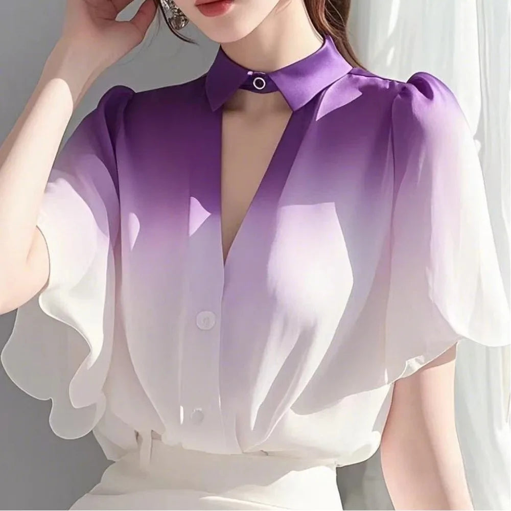 618 Ladies Fashion Loose Chiffon Gradient Color Blouse Tops Simplicity Elegant Trend Summer Popular and Unique Small Shirts