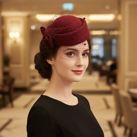 Fashion Mesh Wool Bow Hat with Veil British Style Cashmere Pillbox Hat Photography Decoration Warm Stewardess Cap Autumn Winter
