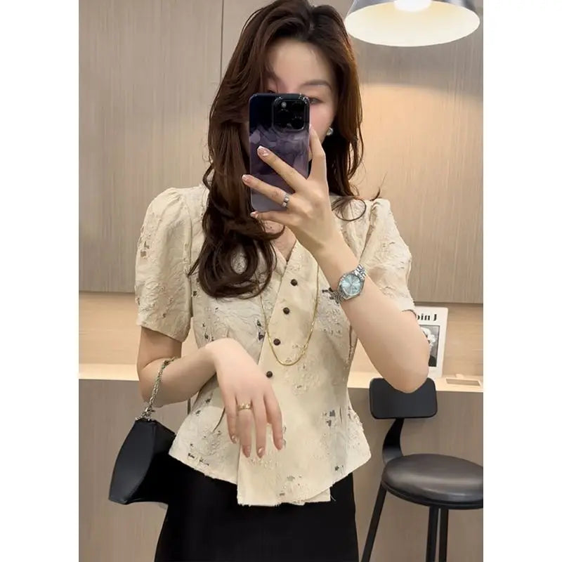 French V-neck Hollow Jacquard Shirt for Women New Puff Sleeves Single-breasted Temperament Waist-closed Short-sleeved Top