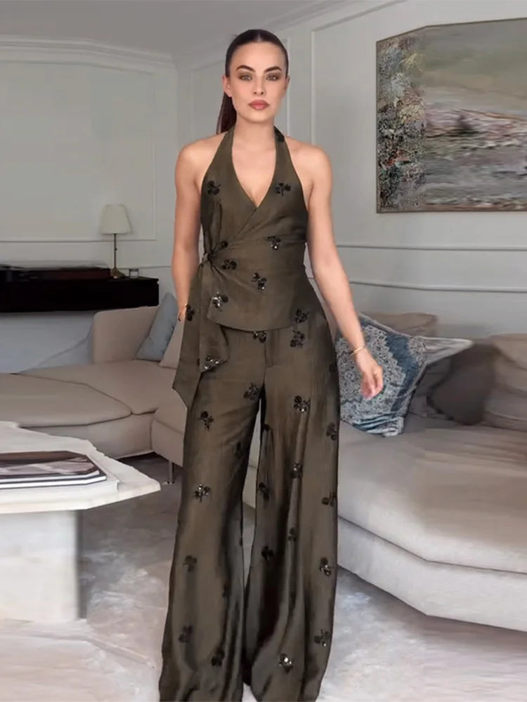 Sequins Women's Pant Sets Sexy Halter Neck Wrap Top Wide Leg Pants Two Piece Set Female 2026 Summer Woman New Vacation Outfit