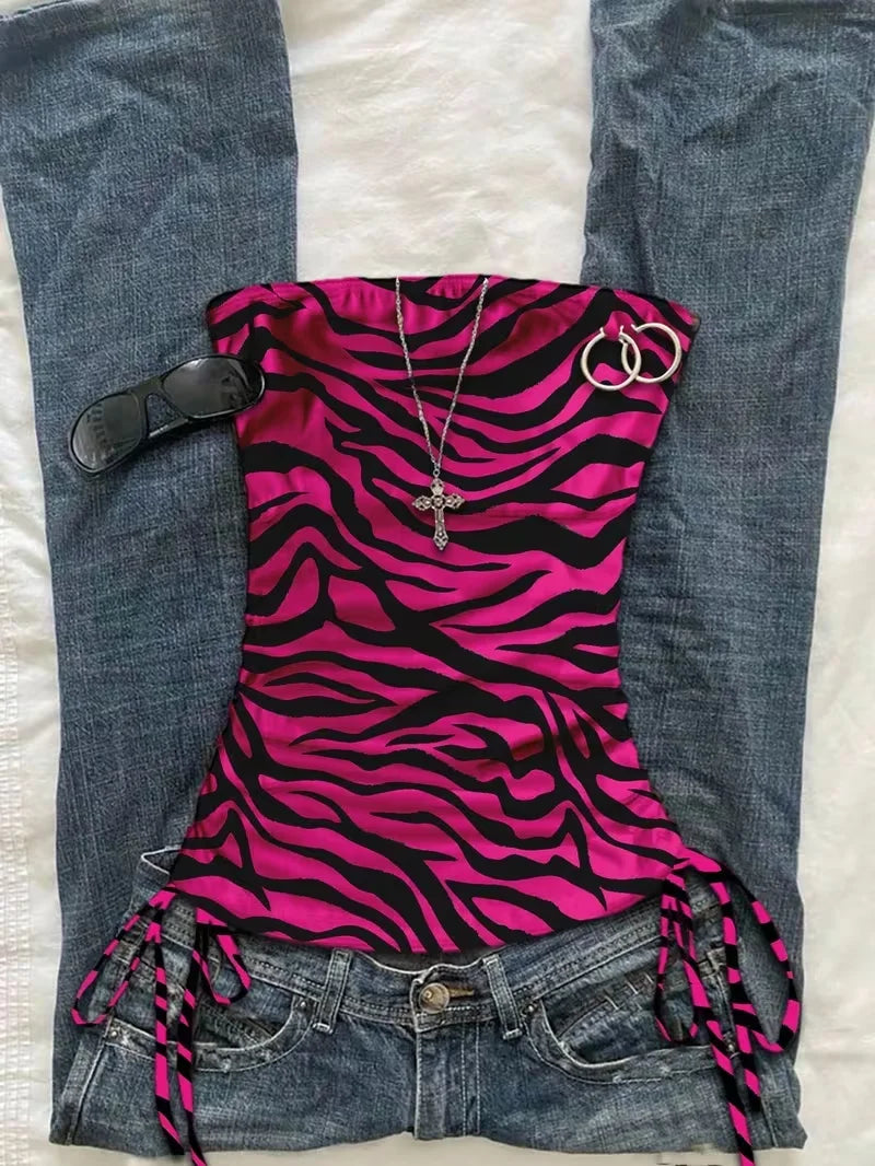 cropped top  Women's summer vacation pleated lace up leopard print vest, sleeveless zebra print top, pink zebra print top,