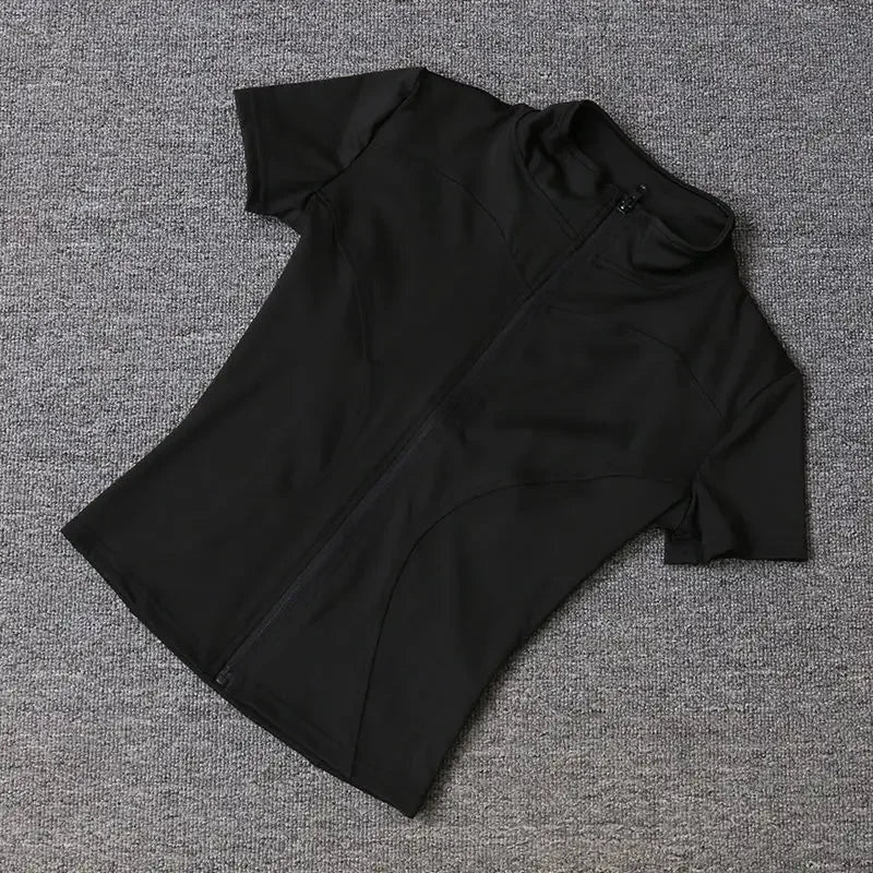 Women Zipper Yoga T-shirt Summer High Quality Waist Slimming Training Tops Workout Running Half Collar Short Sleeves Yoga Shirts