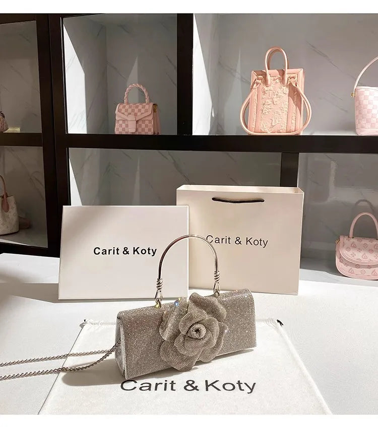 Luxury Designer Glitter Diamond Floral Women's Handbag Crystal Rhinestones Evening Bag Wedding Party Clutch Purse Crossbody Bag