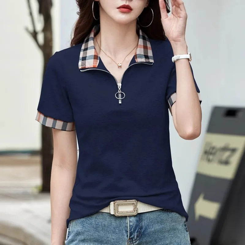 European Station Polo Collar Checkered Short sleeved T-shirt Women's Summer New Fashion Light Luxury Loose Pure Cotton Top