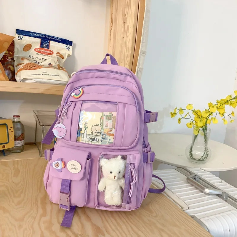 Buckle Badge School Backpack Candy Color Fashion Cute Schoolbag Korean Style Shoulder Student Bag Teenage Girls College Backpack