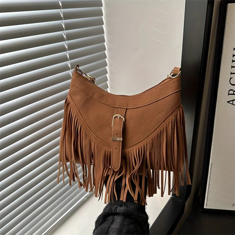 Women'S Vintage Tassel Suede Crossbody Bag, Adjustable Strap, Zipper Closure, Detachable Strap, Synthetic Shoulder Bag, Purses