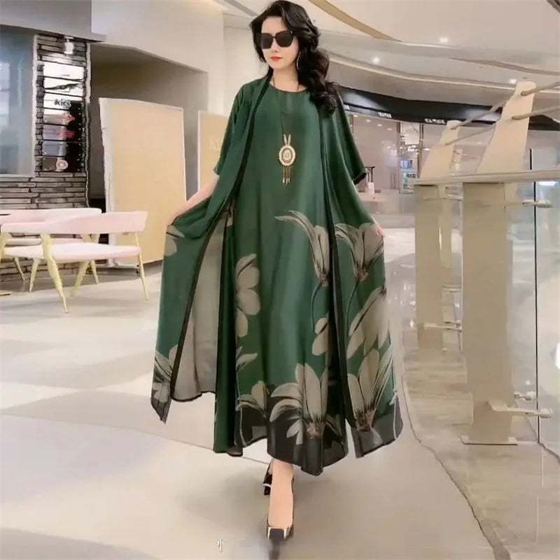 High Atmospheric Elegant Silk Dress Two-piece set 2024 Summer New Westernized Mulberry Silk Large Size Temperament Long Set Skir