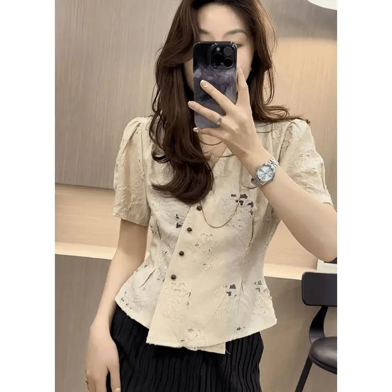 French V-neck Hollow Jacquard Shirt for Women New Puff Sleeves Single-breasted Temperament Waist-closed Short-sleeved Top