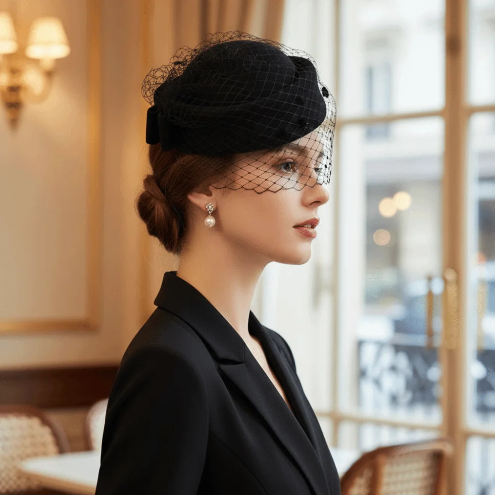 Fashion Mesh Wool Bow Hat with Veil British Style Cashmere Pillbox Hat Photography Decoration Warm Stewardess Cap Autumn Winter