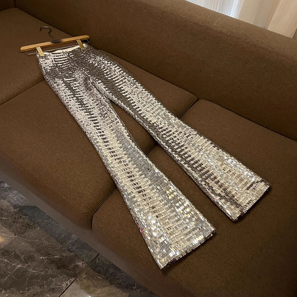 TWOTWINSTYLE Solid Sequin Two Piece Sets For Women Lapel Long Sleeveltop High Waist Pants Elegant Set Female Fashion KSE527441