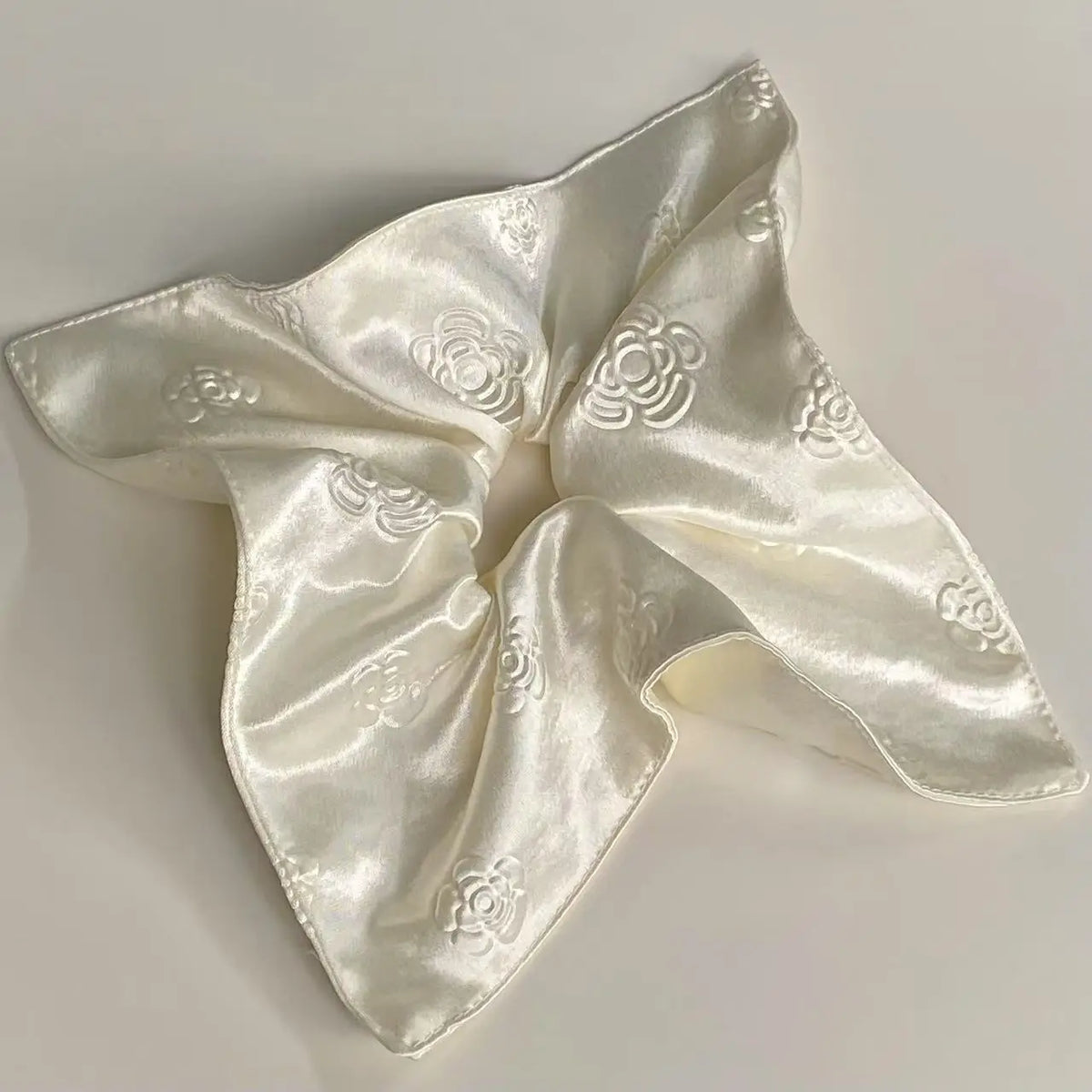 French high-end camellia cream white satin large intestine scrunchie square scarf fashion temperament women's hair accessories