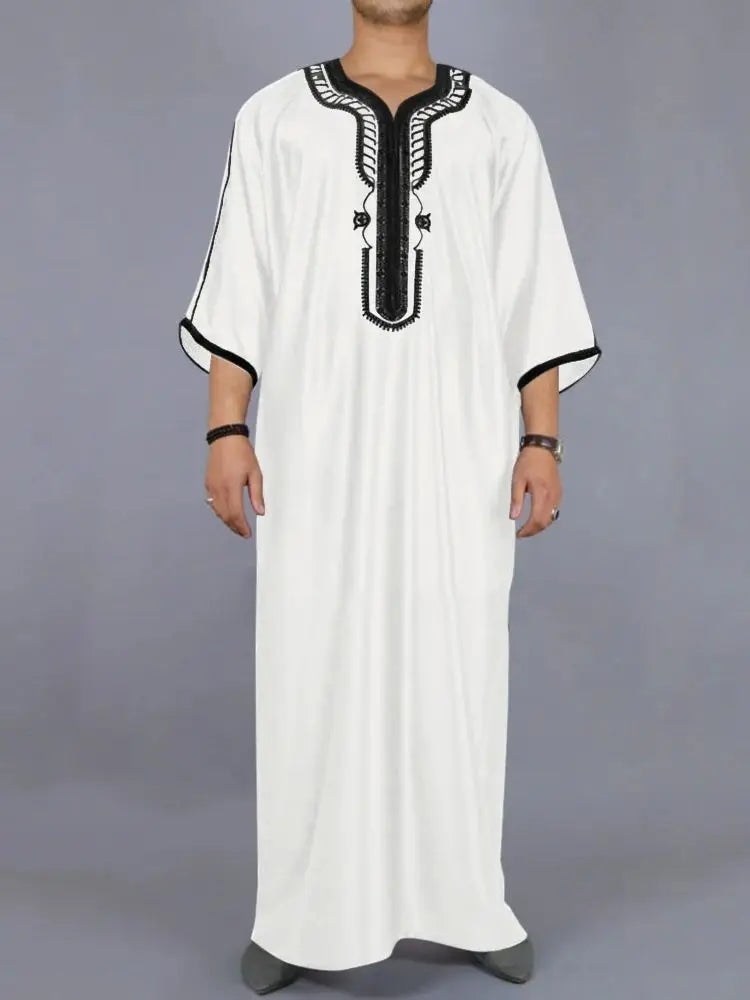 Men's Islamic Loose Abaya Short Sleeve Embroidered Moroccan Arabic Style Traditional Muslim Clothing for Men