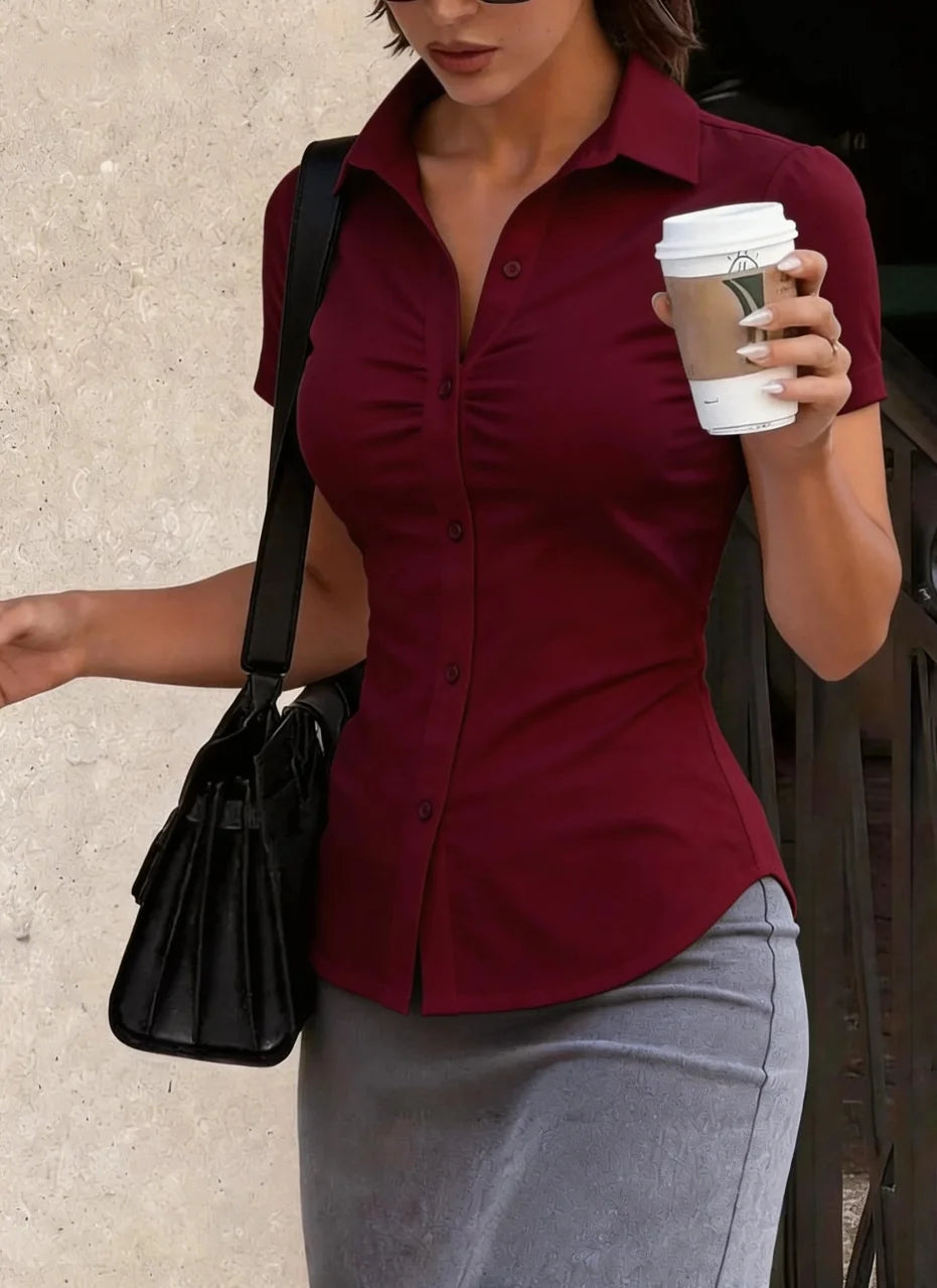 Women Ruched Short Sleeve Button Down Shirt Fitted Collared Blouse Top Casual Office Wear