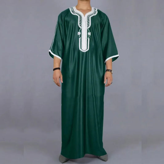 Men's Islamic Loose Abaya Short Sleeve Embroidered Moroccan Arabic Style Traditional Muslim Clothing for Men