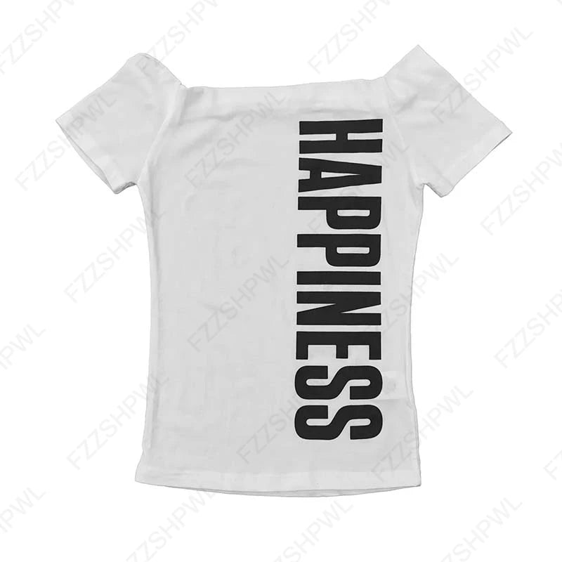 Gothic Punk Aesthetic Women's Y2K Crop Top Sexy Slim Chic Boat Neck Short Sleeve Print T-shirt Rock Hip Hop Emo Girls Streetwear