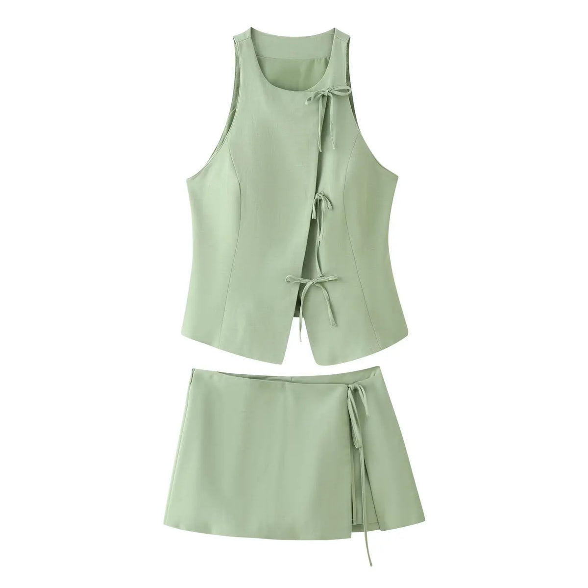 Women Green Bowknot Wide-leg Pant Suits Chic Solid Sleeveless Lace Up Slim Fit Long Pant Sets 2026 Lady Daily Street Outfits New