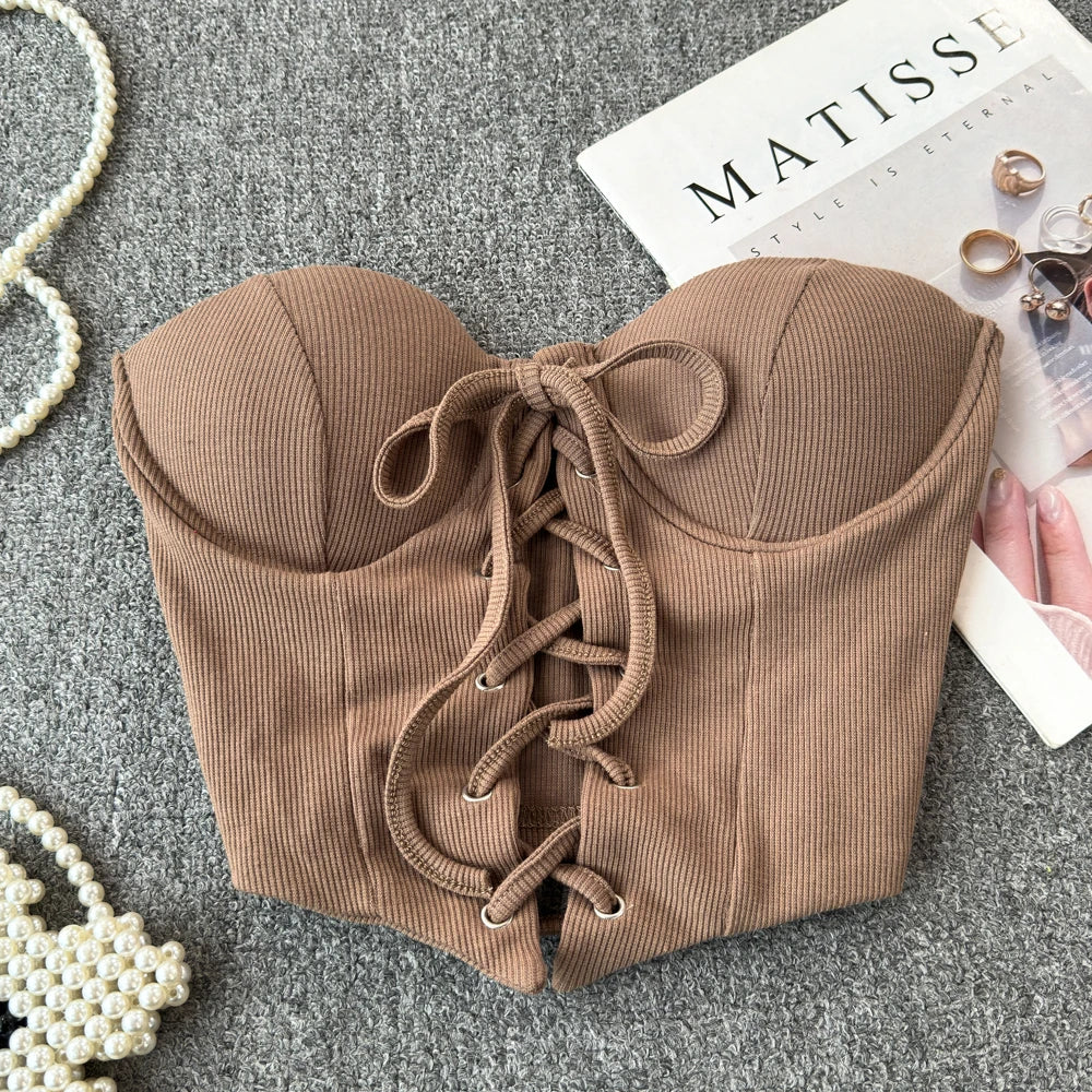 Backless Women Tank Tops New Arrival Slash Neck Build in Bra Bare Midriff Lace Up Skinny Camis Summer Vintage Gallus Dropship