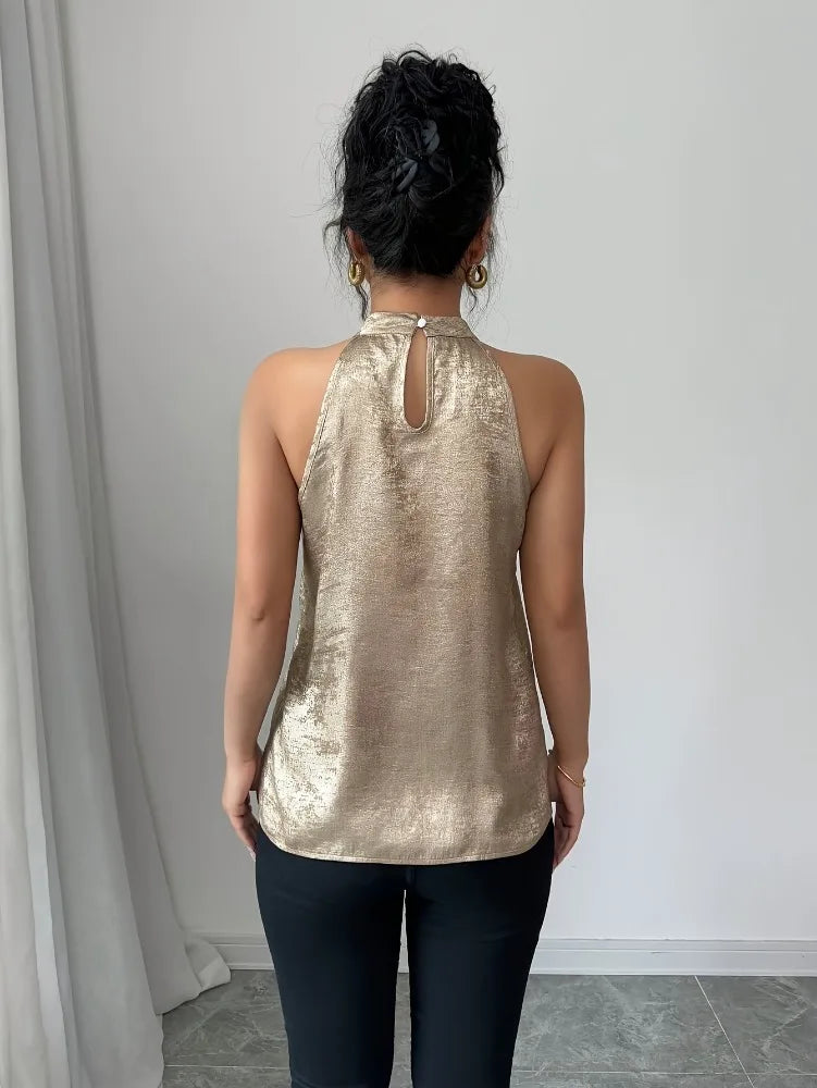 Champagne Golden Shiny Glossy Halter Neck Off Shoulder Hollow Out Sleeveless Blouse Womens Sexy Elegant Spring Summer Top