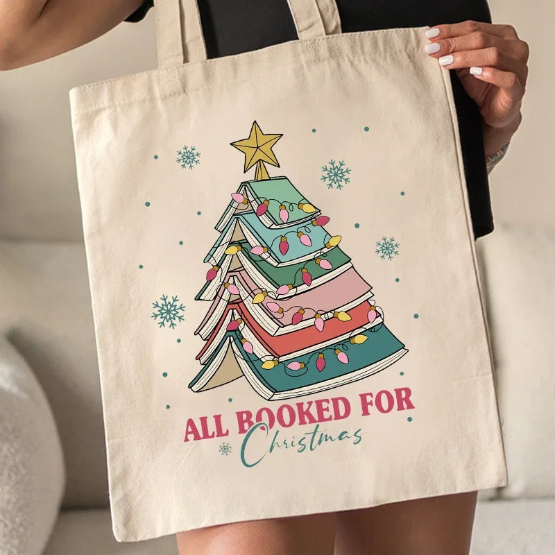 Christmas Book Tree Pattern Canvas Tote Bag Christmas Gift for Teacher Book Lovers Christmas Gift Large Capacity Shopping Bag