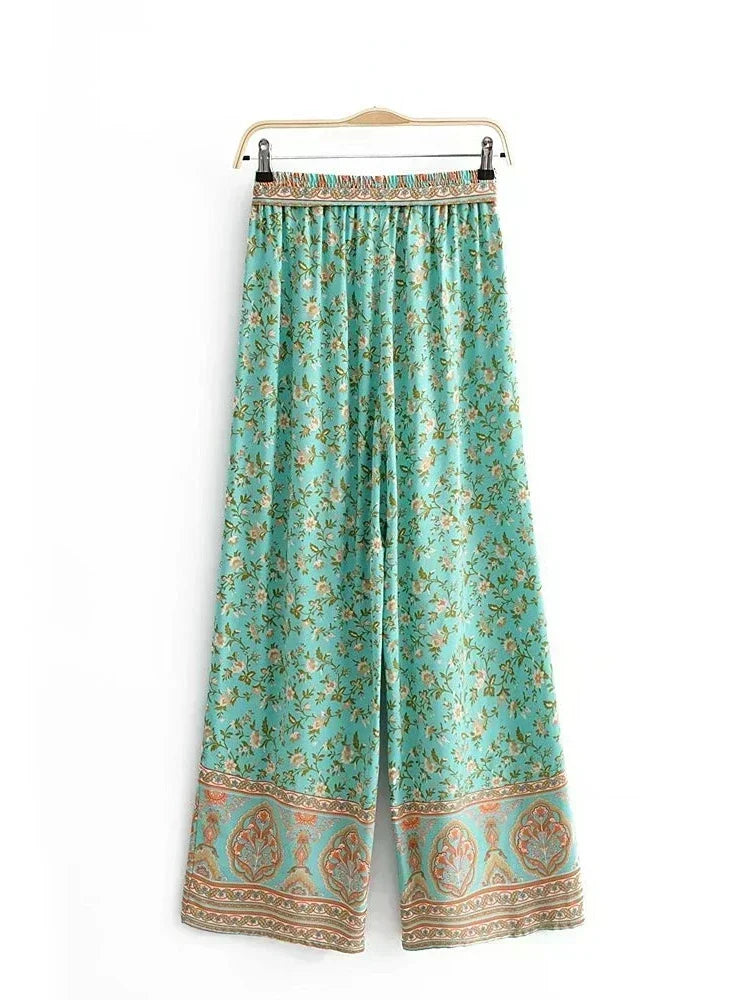 Boho Queens Women Green Floral Print Bohemian Wide Leg Pants Lady Elastic Waist Loose Rayon Boho Long Pant Oversize Trousers