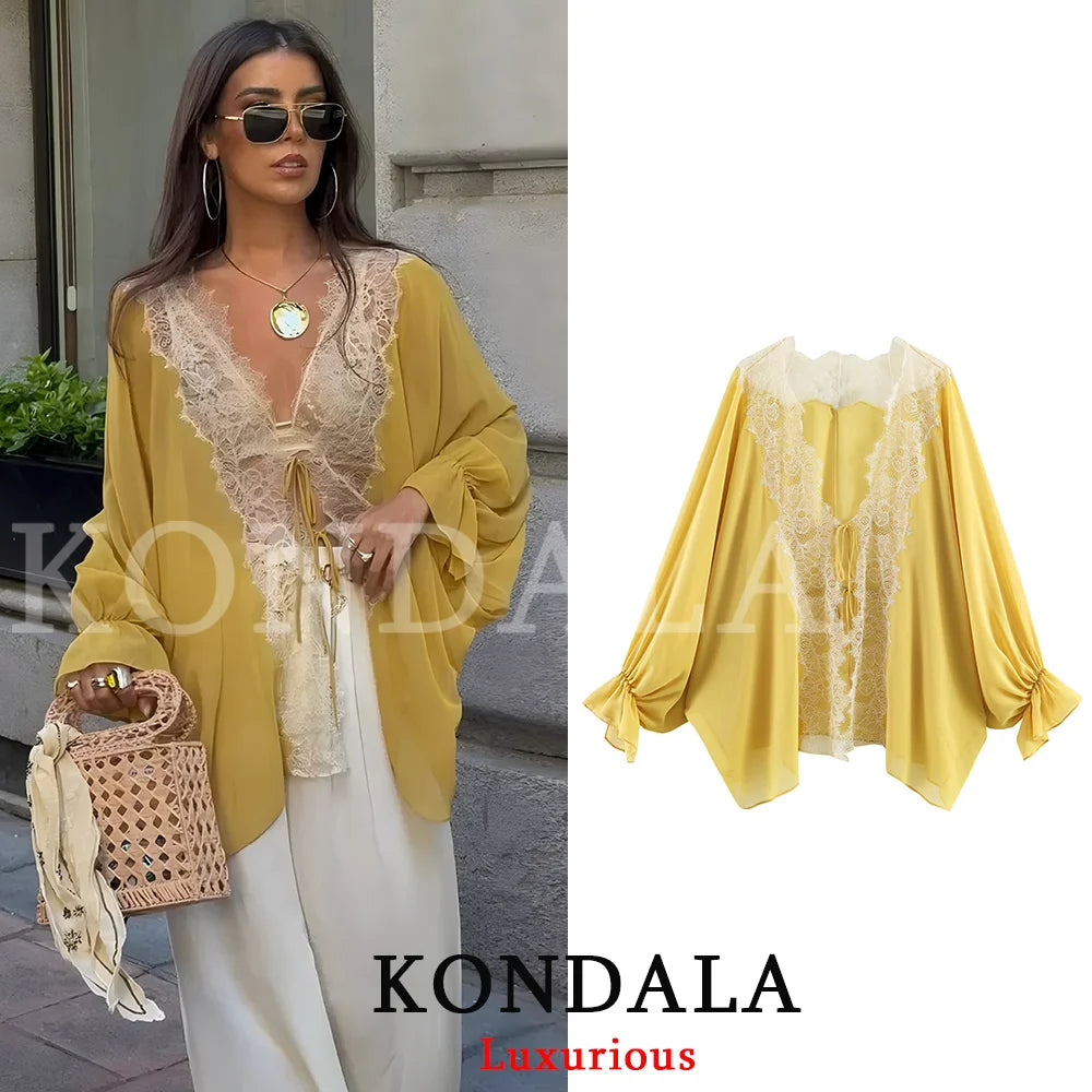 KONDALA Elegant Women Yellow Chiffon Blouse Lace Bow Long Flare Sleeve Loose Blouse Fashion 2026 Spring Summer Holiday Blouse