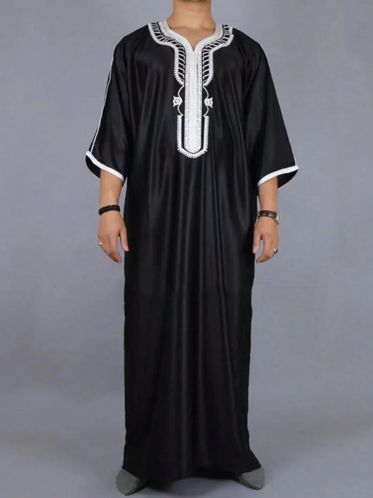 Men's Islamic Loose Abaya Short Sleeve Embroidered Moroccan Arabic Style Traditional Muslim Clothing for Men