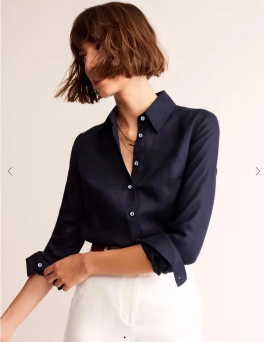 Navy Blue Full Linen Shirt Women's Long-Sleeved Spring and Summer Rain Dew Linen Shirt Loose Large Size Cotton and Linen Top Sun