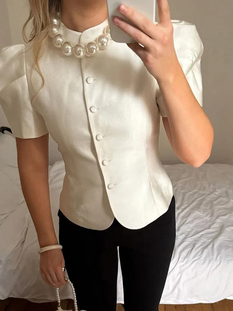 Chic White Lantern Sleeve Shirt Women Solid Stand Collar Stand Collar Slim Shirts Lady Casual Tops Commute Outwear 2026 New