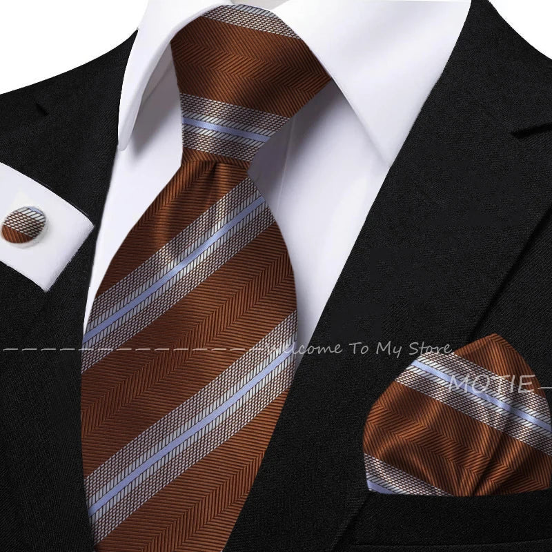 New Classic Striped Jacquard Tie Set Include Purple Polyester Pocket Square As Daily Wear Party Wedding Stylish Accessories Gift