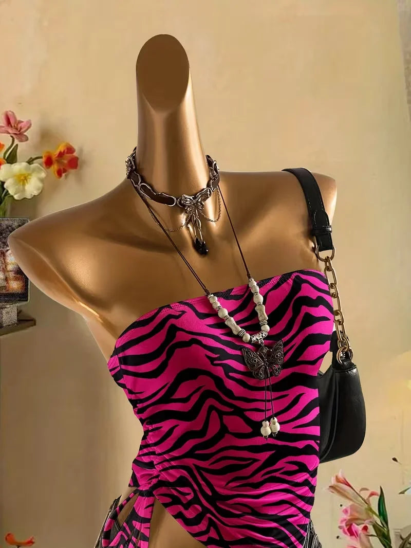 cropped top  Women's summer vacation pleated lace up leopard print vest, sleeveless zebra print top, pink zebra print top,