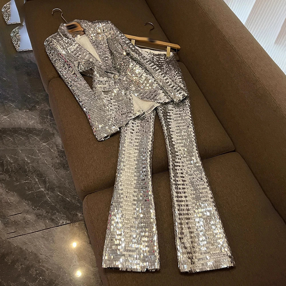 TWOTWINSTYLE Solid Sequin Two Piece Sets For Women Lapel Long Sleeveltop High Waist Pants Elegant Set Female Fashion KSE527441