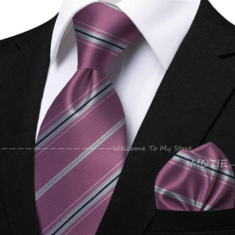 New Classic Striped Jacquard Tie Set Include Purple Polyester Pocket Square As Daily Wear Party Wedding Stylish Accessories Gift