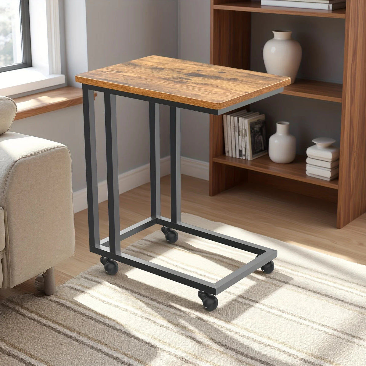JHK Wood Sofa Table Overbed Bedside Desk Portable Rolling with Wheels Metal Frame Adjustable Feet  for Living Room Bedroom