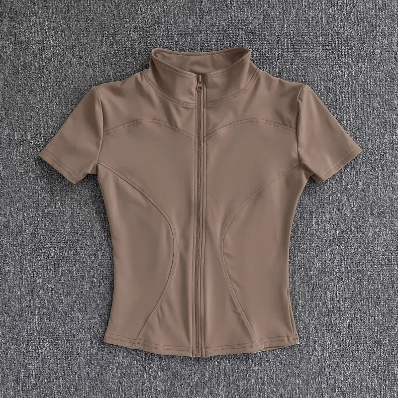 Women Zipper Yoga T-shirt Summer High Quality Waist Slimming Training Tops Workout Running Half Collar Short Sleeves Yoga Shirts