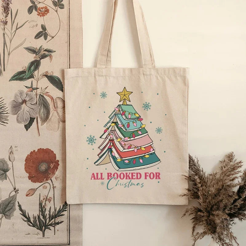 Christmas Book Tree Pattern Canvas Tote Bag Christmas Gift for Teacher Book Lovers Christmas Gift Large Capacity Shopping Bag