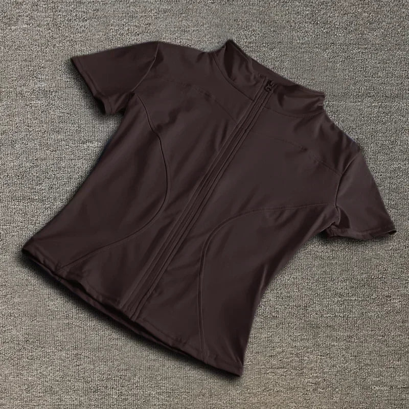 Women Zipper Yoga T-shirt Summer High Quality Waist Slimming Training Tops Workout Running Half Collar Short Sleeves Yoga Shirts