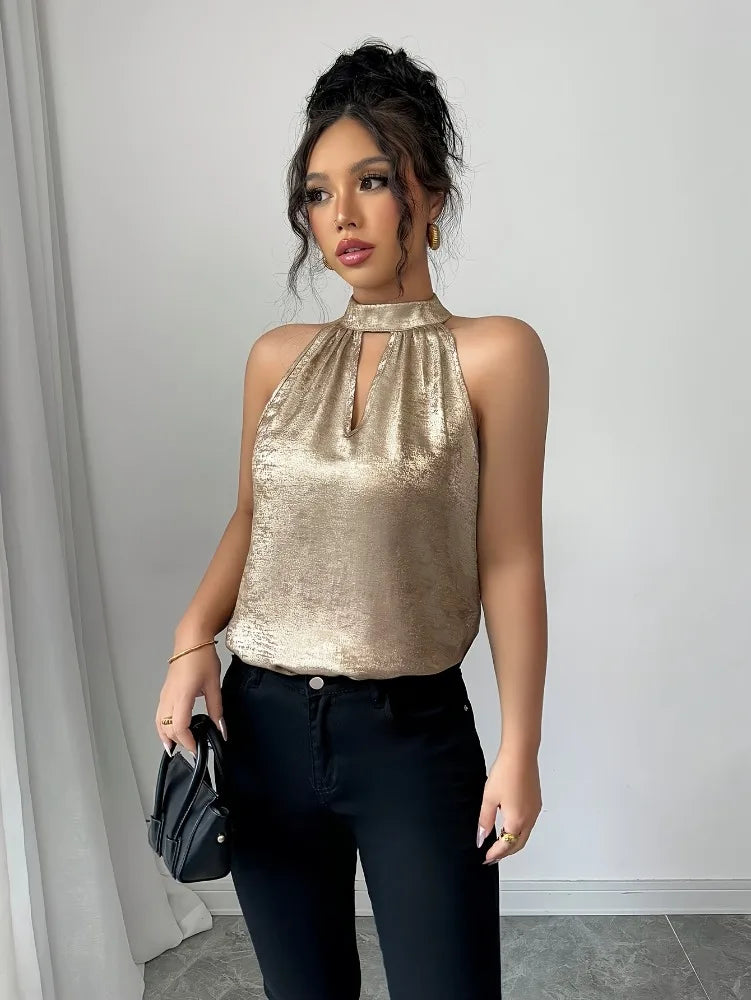 Champagne Golden Shiny Glossy Halter Neck Off Shoulder Hollow Out Sleeveless Blouse Womens Sexy Elegant Spring Summer Top