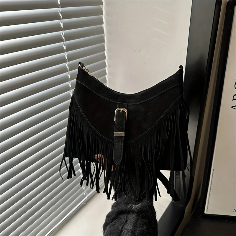 Women'S Vintage Tassel Suede Crossbody Bag, Adjustable Strap, Zipper Closure, Detachable Strap, Synthetic Shoulder Bag, Purses