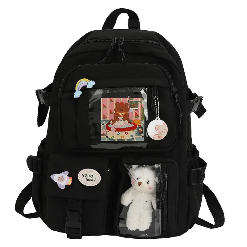 Buckle Badge School Backpack Candy Color Fashion Cute Schoolbag Korean Style Shoulder Student Bag Teenage Girls College Backpack