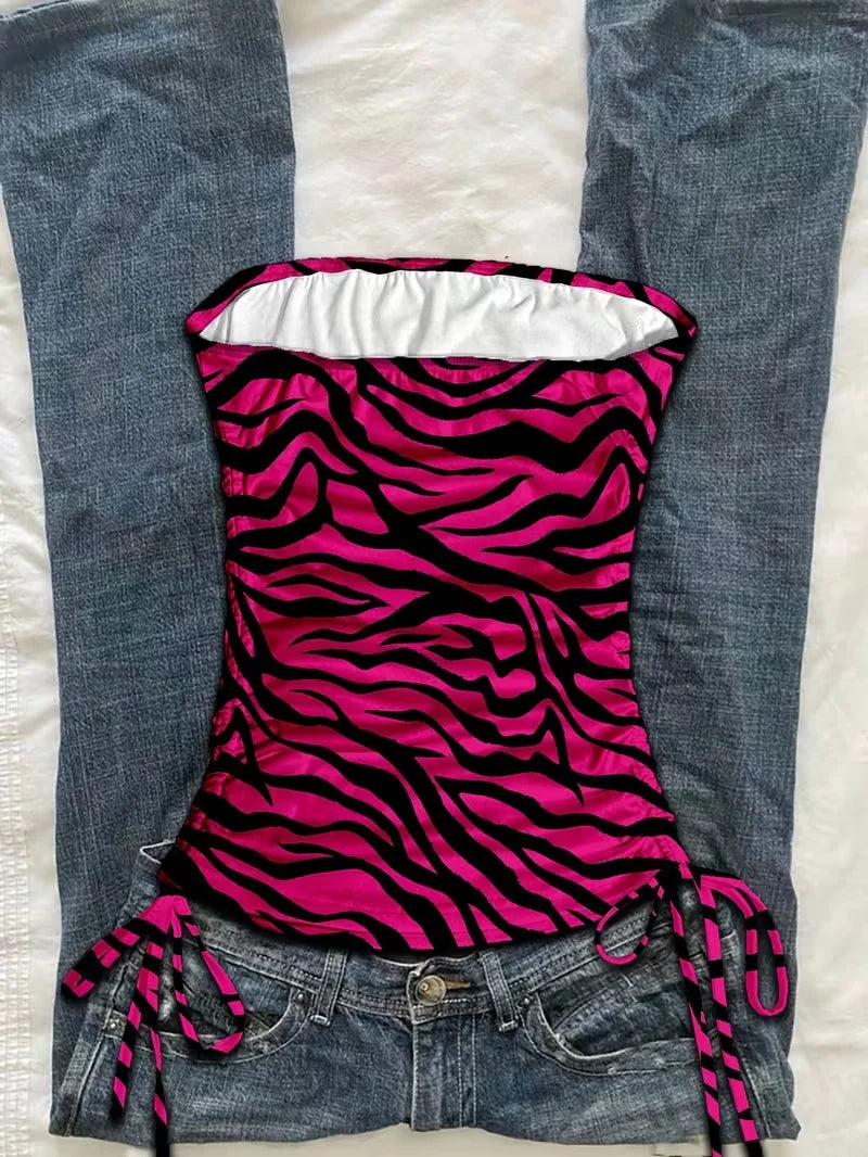 cropped top  Women's summer vacation pleated lace up leopard print vest, sleeveless zebra print top, pink zebra print top,