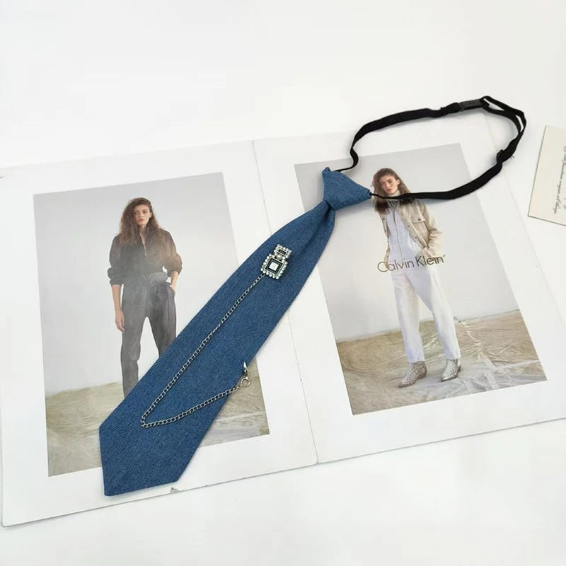 Cowboy Style Blue Necktie JK Shirt Tassel Chain Bow Tie for Men Women Fashion Wedding Cravat Jewelry Accessory