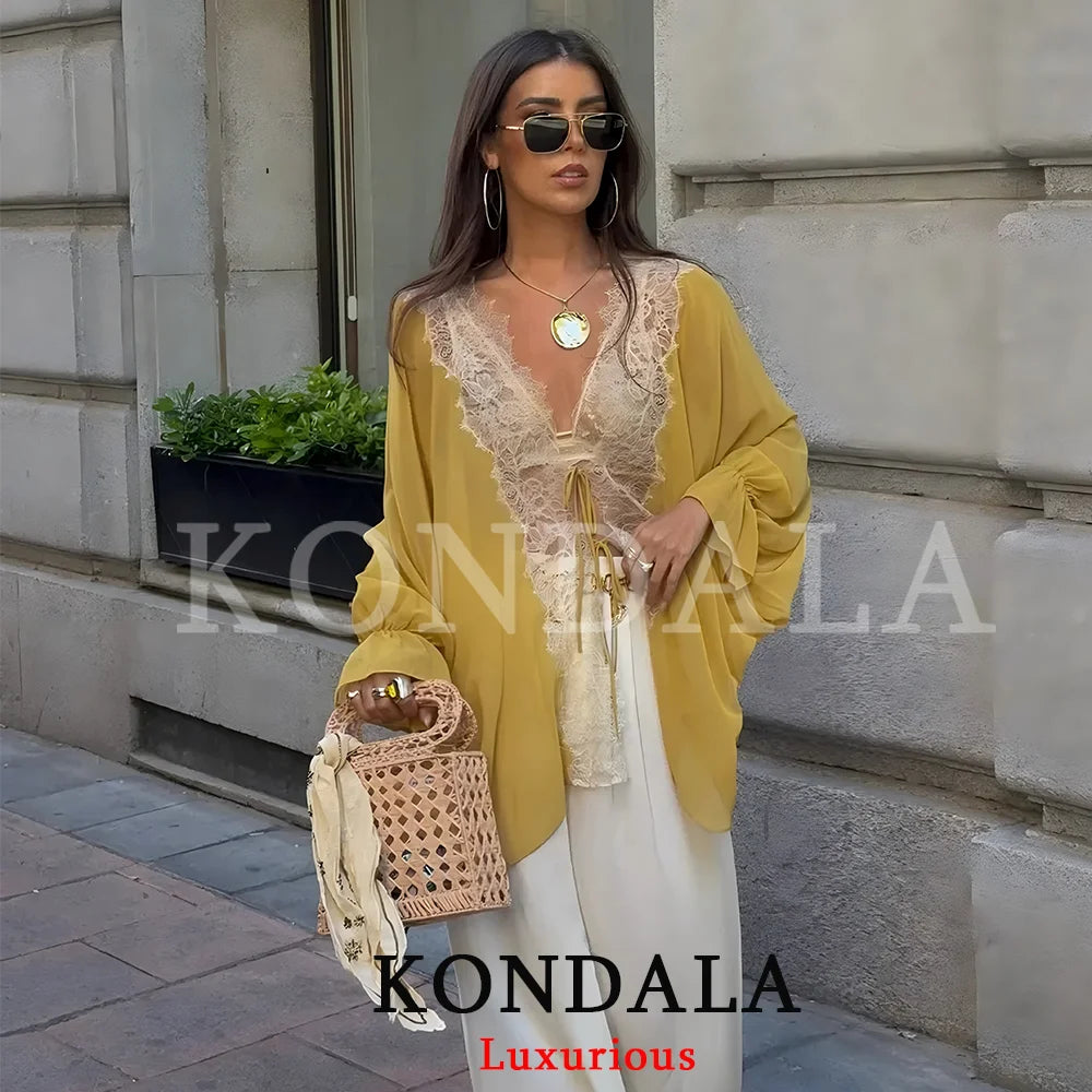 KONDALA Elegant Women Yellow Chiffon Blouse Lace Bow Long Flare Sleeve Loose Blouse Fashion 2026 Spring Summer Holiday Blouse
