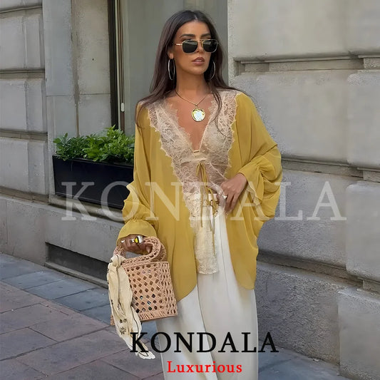 KONDALA Elegant Women Yellow Chiffon Blouse Lace Bow Long Flare Sleeve Loose Blouse Fashion 2026 Spring Summer Holiday Blouse