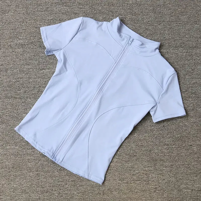 Women Zipper Yoga T-shirt Summer High Quality Waist Slimming Training Tops Workout Running Half Collar Short Sleeves Yoga Shirts
