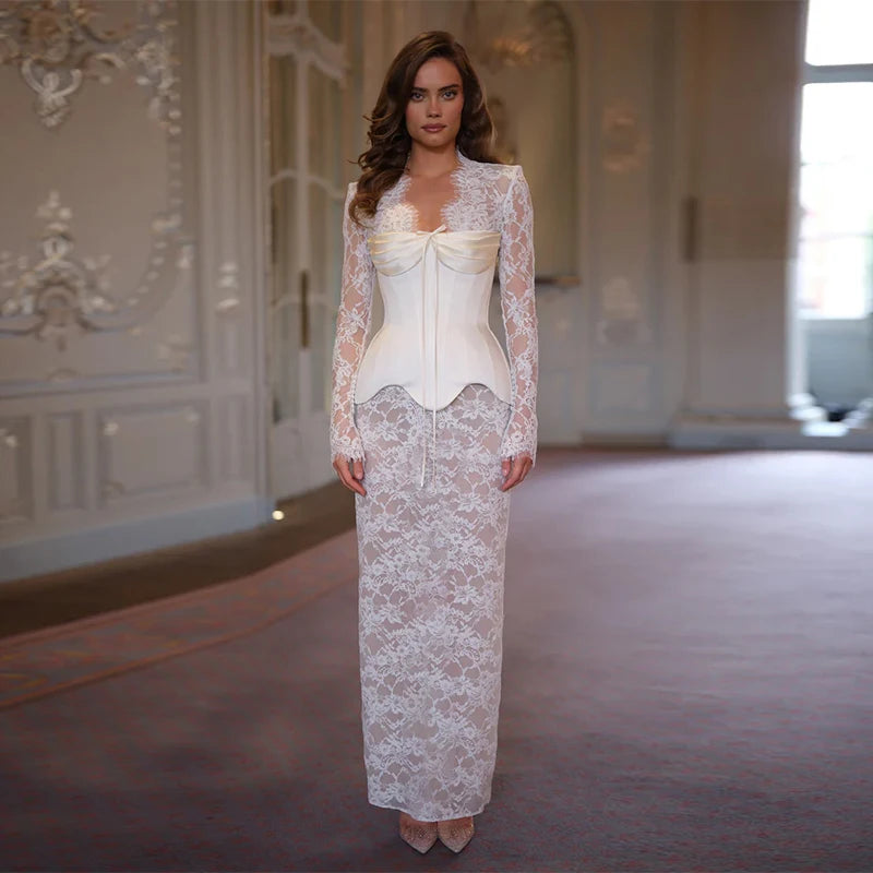 Women's Lace Sleeves Corset Mini Dress Deep V-Neck Sheer Romantic Evening Dress Elegant Party Wear Female Clothing Summer Suit