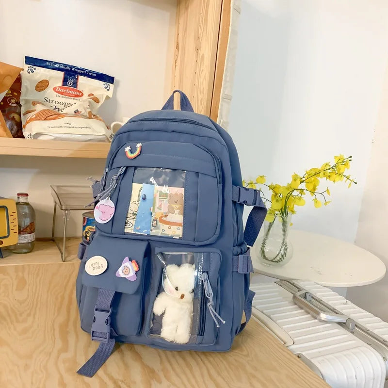 Buckle Badge School Backpack Candy Color Fashion Cute Schoolbag Korean Style Shoulder Student Bag Teenage Girls College Backpack